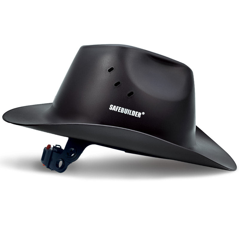 Black cowboy style hard hat safety helmet with vent slots side view