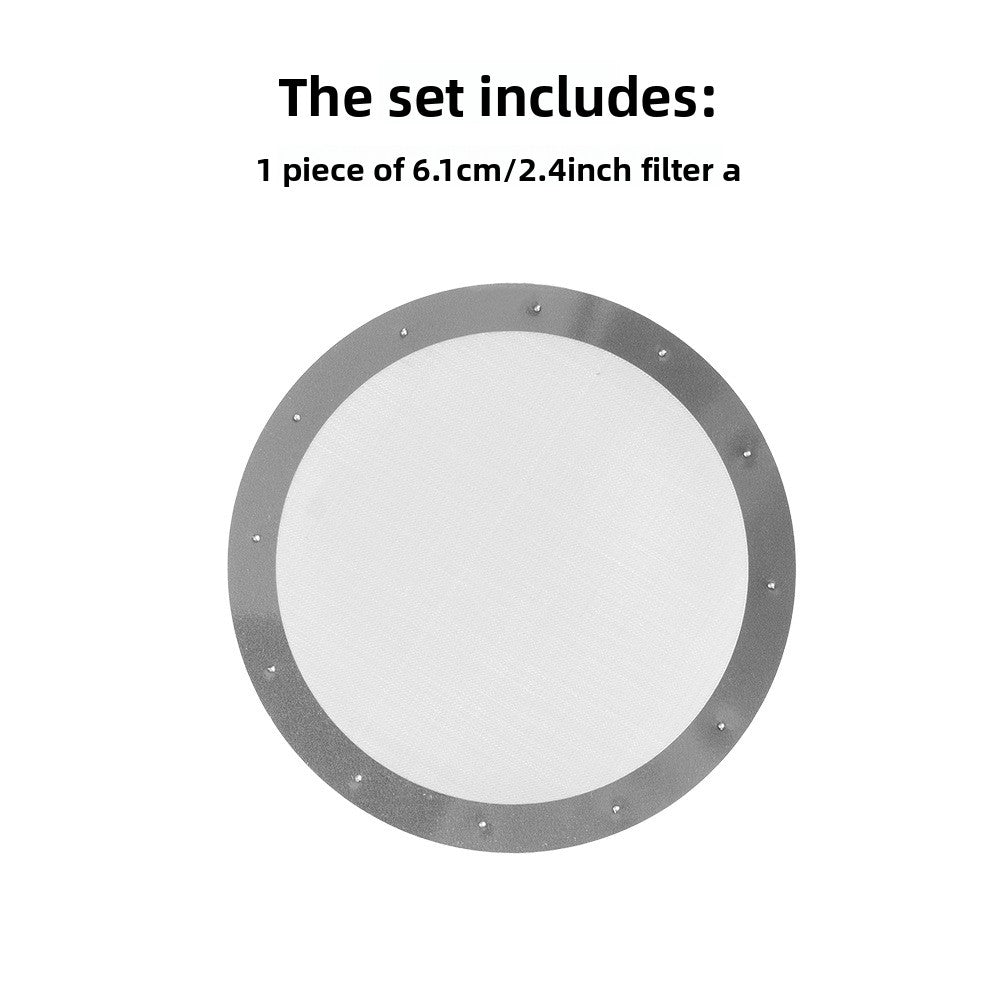 Single woven stainless steel coffee filter disc with a metal rim, about 6.1 cm across