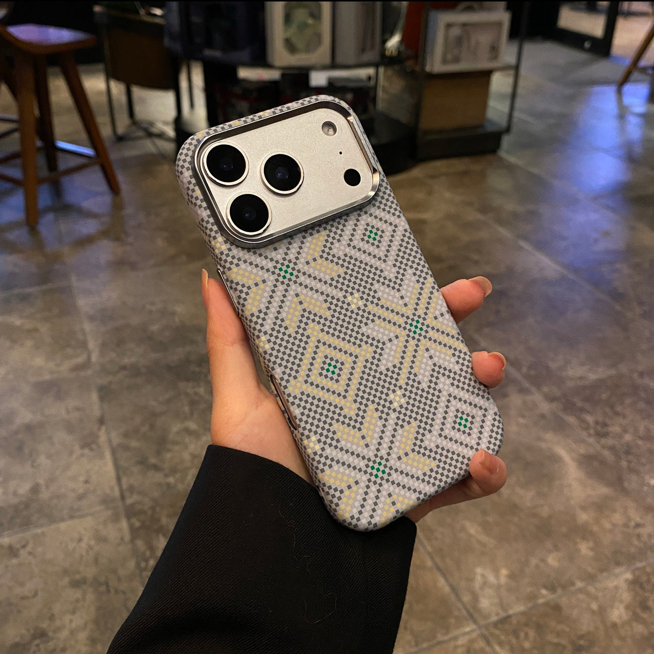 White diamond pattern magnetic iPhone case, hard shell camera detail
