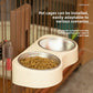 Adjustable height double pet bowl mounted on a tiled wall