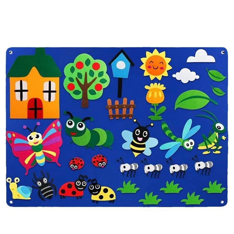 Blue insect and garden felt story board with felt butterflies, bees and ladybugs for children