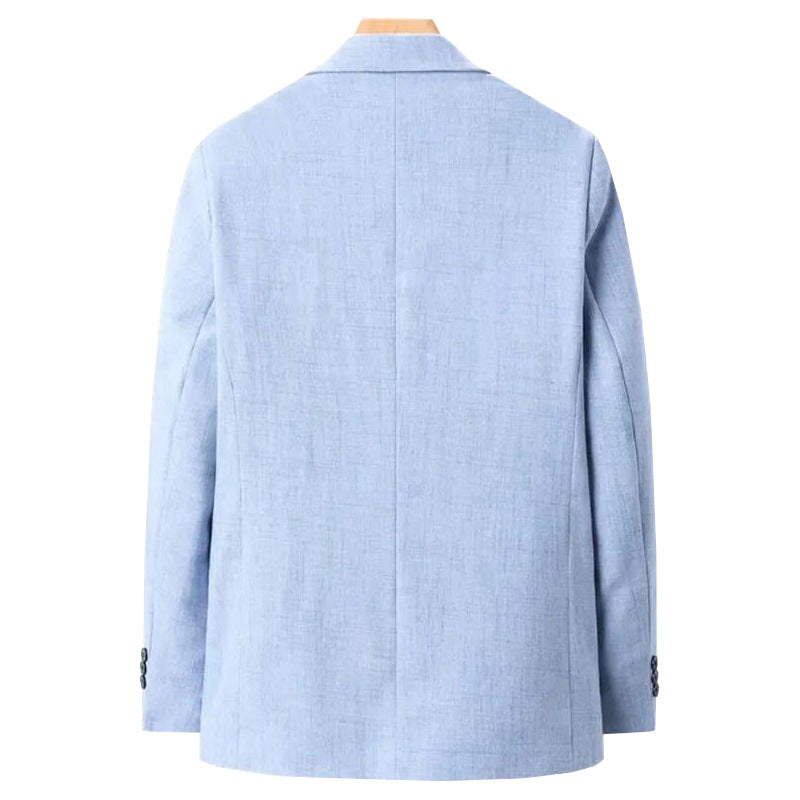 Mens slim fit linen blend blazer in beige, linen blend fabric close up