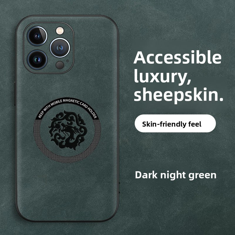 Gem blue sheepskin leather iPhone case with embossed dragon design and magnetic charging ring