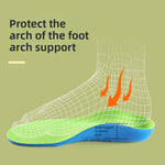 Green and blue childrens PU arch support insole shown with a foot outline and the arch area marked