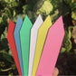 Fan of six plastic plant label cards in red, blue, green, white, yellow and pink held in a hand over garden leaves