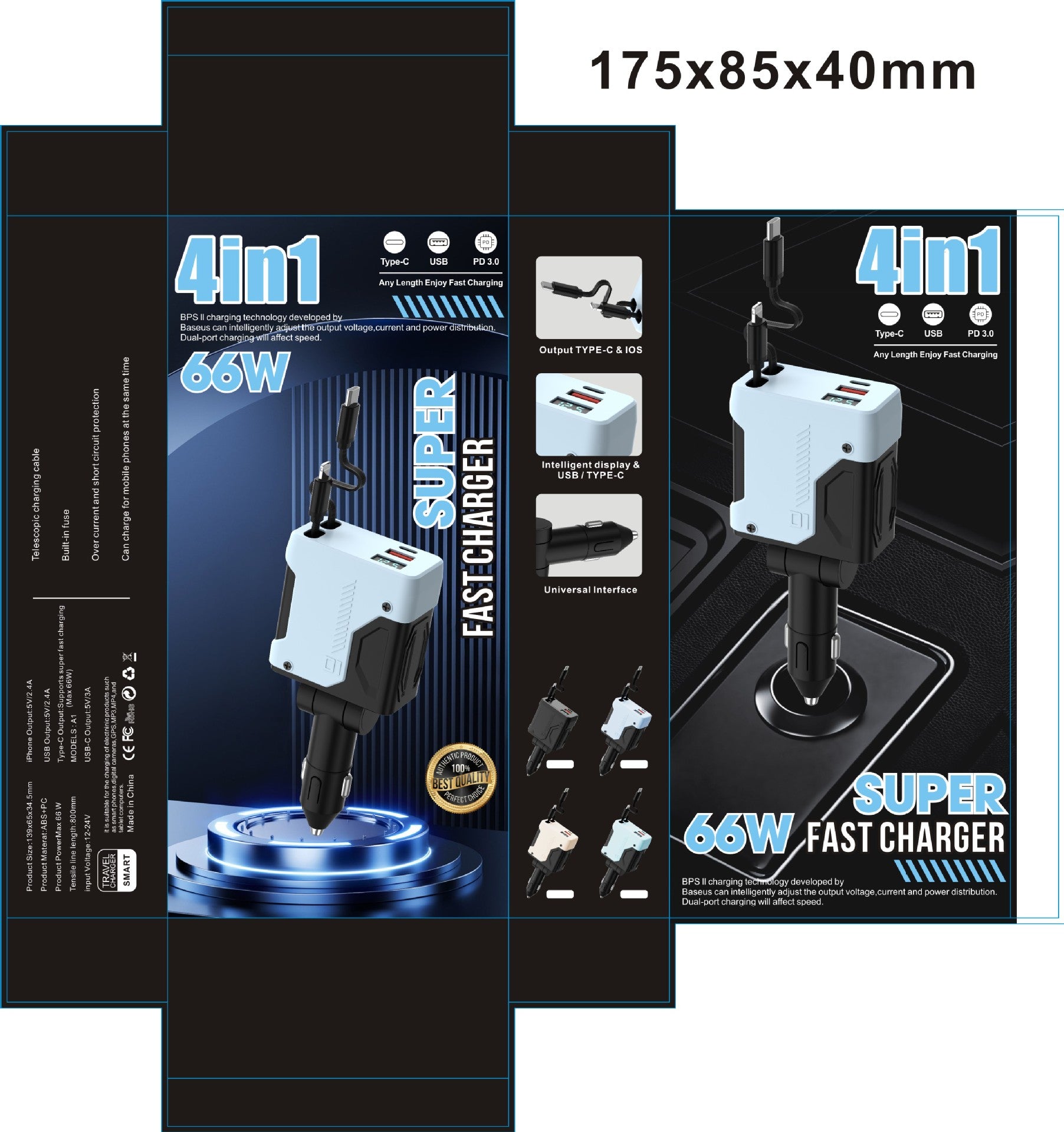 Car charger with retractable cables and face ports charging phones from a car socket