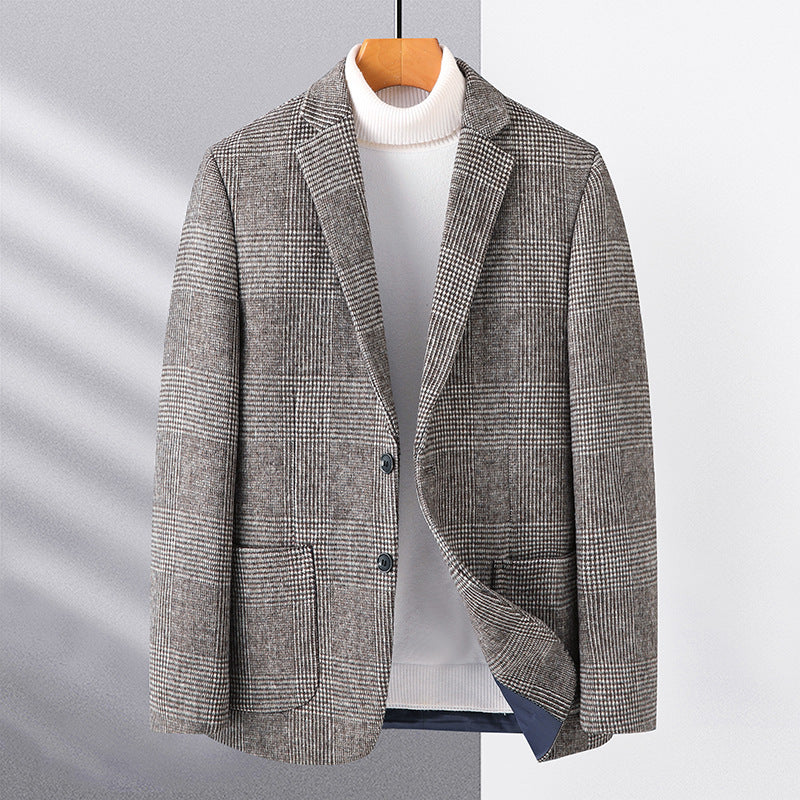 Mens checkered wool blend two button blazer in grey, full jacket view