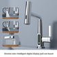 Pull out basin faucet spray head rotating over the sink to reach the corners
