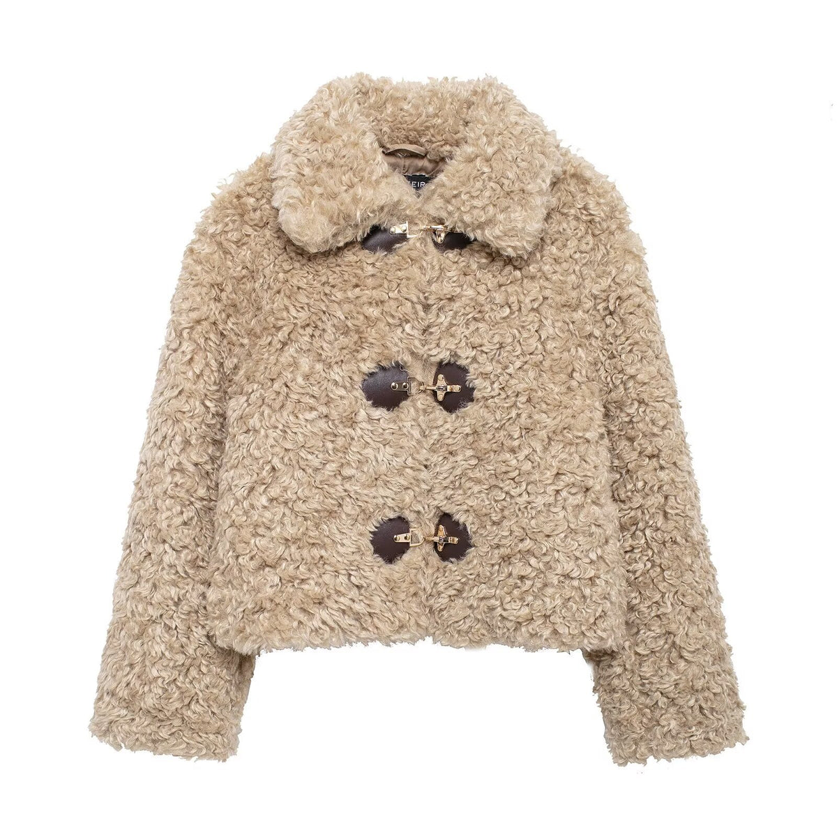 Soft cream lamb look fleece cropped jacket with two toggle fasteners at the front