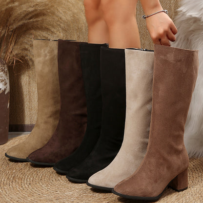 Womens knee high pointed toe block heel boots in soft faux suede with an inner side zip