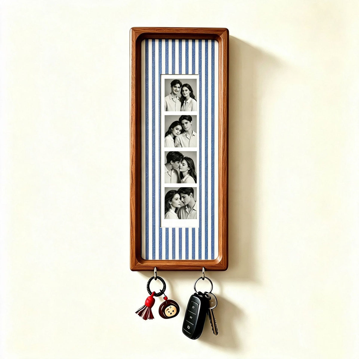 Tall vertical wood wall frame with blue striped backing, a four photo strip and two key hooks, not offered in the options