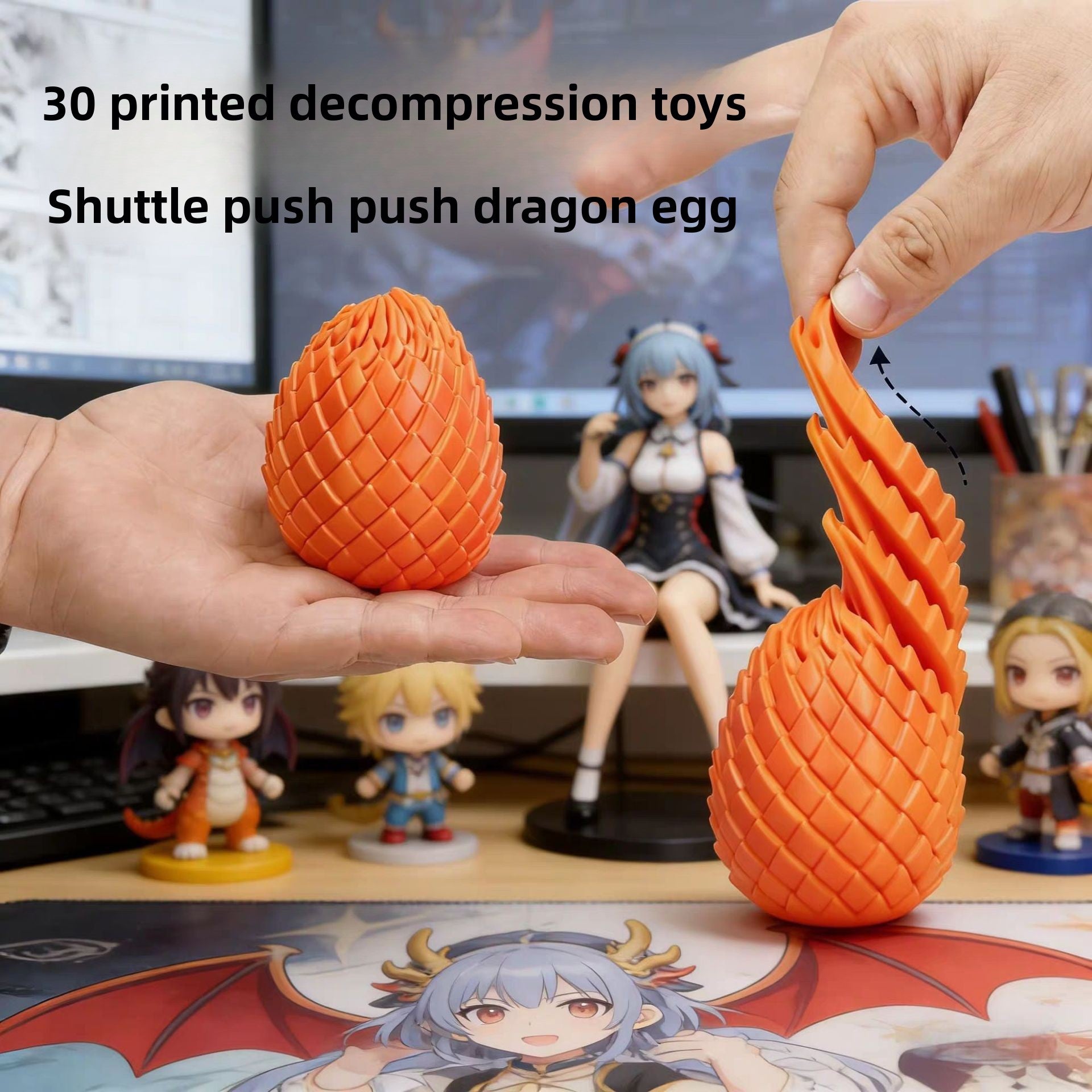 Bright gold 3D printed dragon egg fidget toy standing on a plain white surface