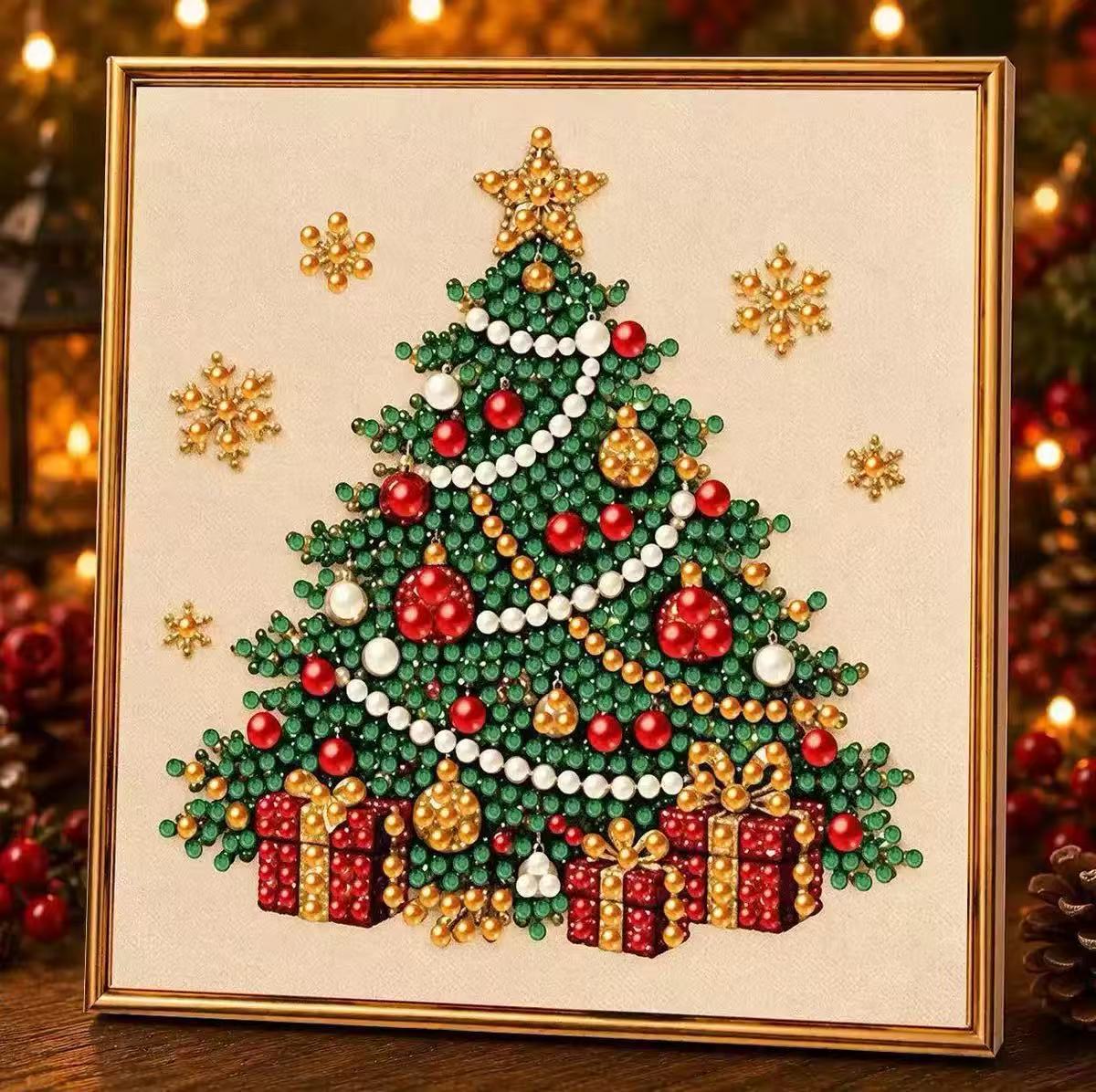 Christmas tree diamond painting in a gold edge frame, Embroidery Hoop Xmas Tree GoldEdge option