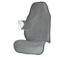 Gray terry cloth car seat cover with an inset showing the white EVA backing and the bound edge