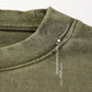 Close-up of a ribbed round collar with double stitching on an olive washed cotton t-shirt, a color not listed
