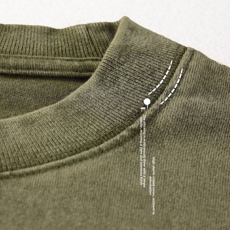 Close-up of a ribbed round collar with double stitching on an olive washed cotton t-shirt, a color not listed