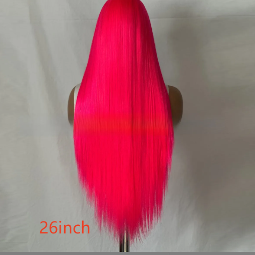 Back view of the 26 inch rose pink straight wig on a mannequin with the length label