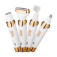 White foil shaver head close view with stainless steel blade and rose gold guard