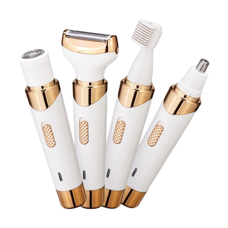 White foil shaver head close view with stainless steel blade and rose gold guard