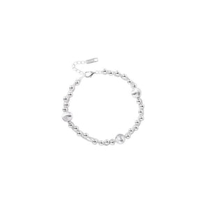 Silver brushed bead bracelet on white, lobster clasp and extender chain with S925 tag