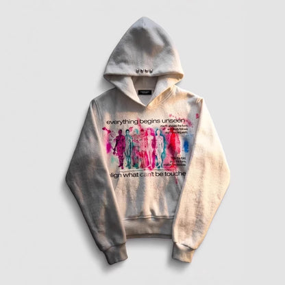 Art graffiti hoodie front view showing the white graphic print