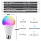 White RGB smart bulb lit in colour with a spec panel listing 1050 lumens and B22 or E27 base