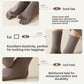 Three detail views of taupe five-finger socks showing the toe, the ribbed cuff and the heel