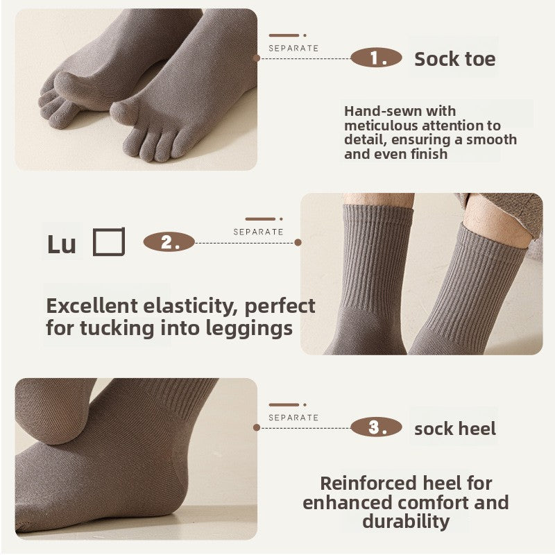 Three detail views of taupe five-finger socks showing the toe, the ribbed cuff and the heel