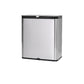 Stainless steel trash can with a black rim on a white background, front view