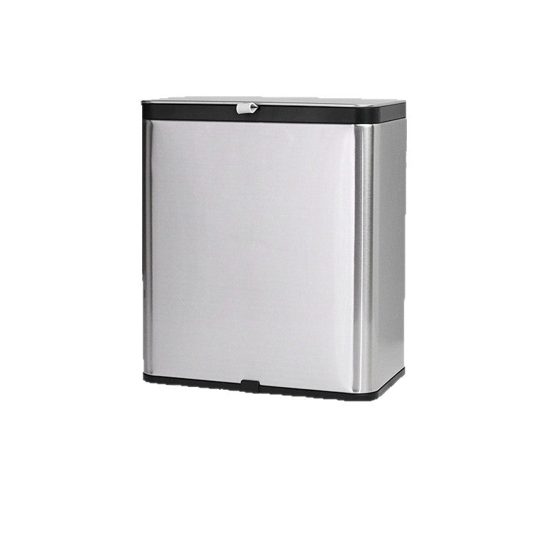 Stainless steel trash can with a black rim on a white background, front view