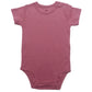 Baby short sleeve cotton bodysuit with a three snap crotch closure shown flat on a plain background
