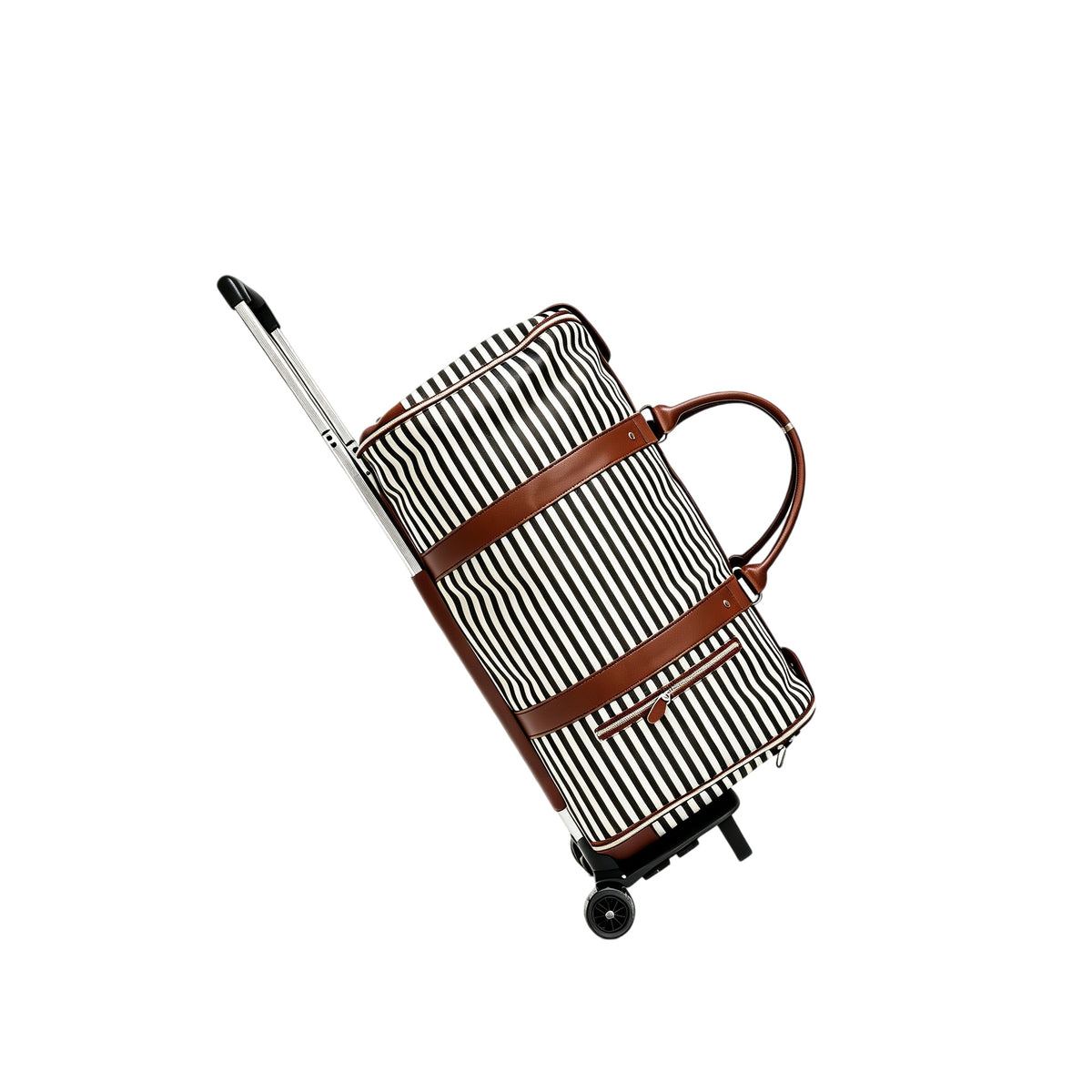 Black and white striped duffel travel bag with brown straps, a front zip pocket and a telescopic handle