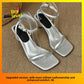 Silver square toe ankle strap sandals with thin heel and buckle, EU 35 option