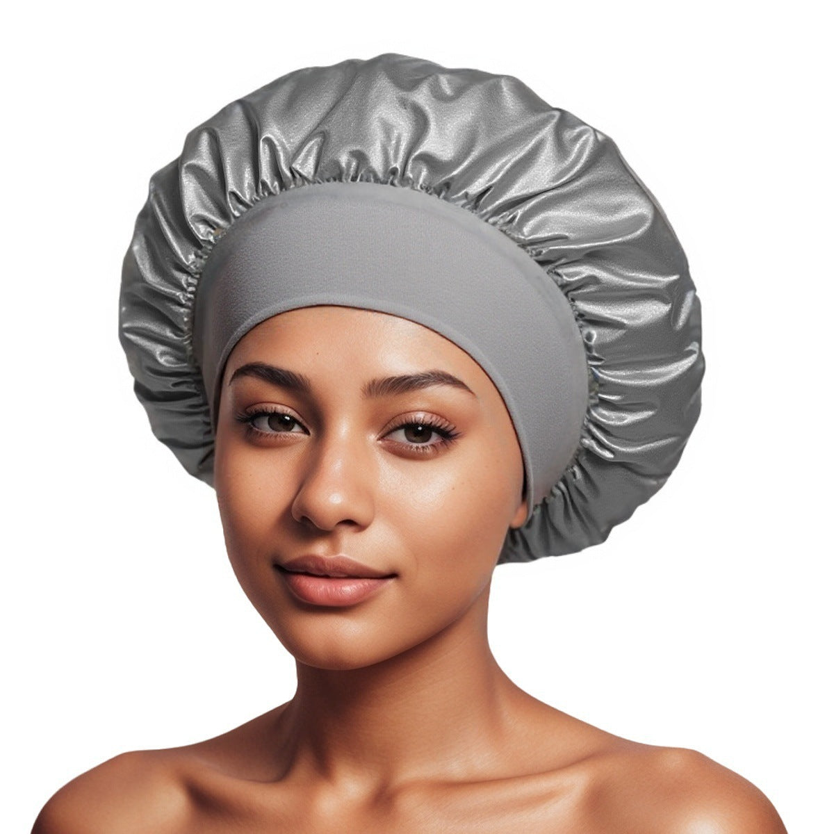 Gray satin sleep bonnet with ruffled crown and wide elastic band, 30 cm diameter