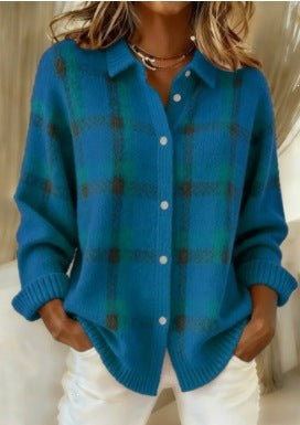 Navy blue option photo of a bright teal blue knit cardigan with a green plaid check, shirt collar, size M