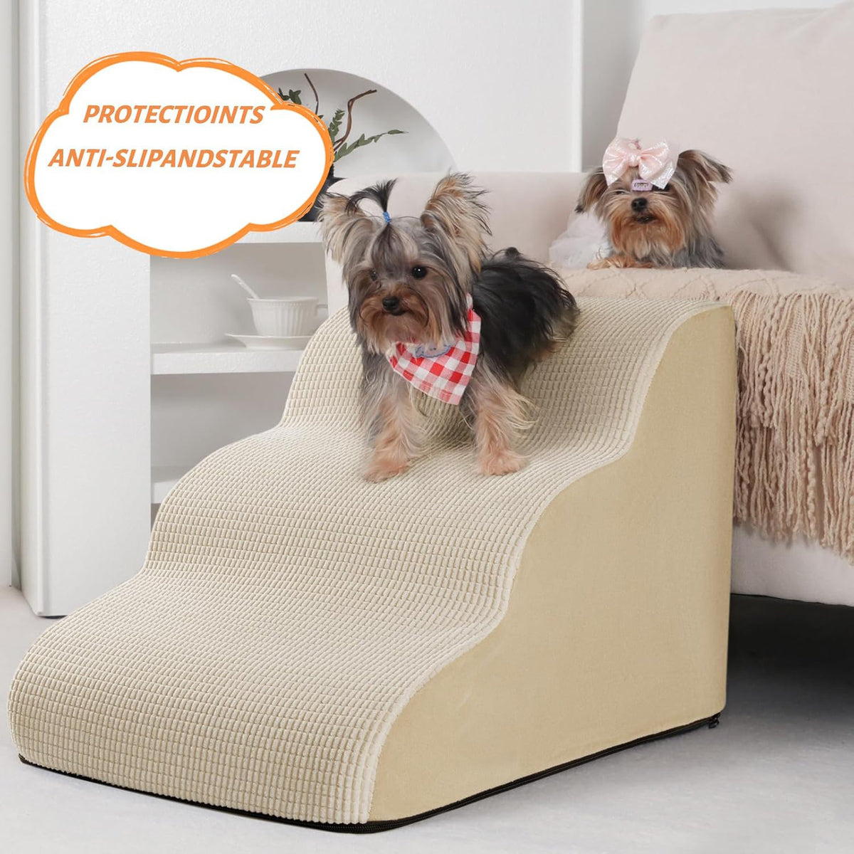 Foam pet steps with a firm core and ribbed cover, wide treads and a non slip base on a hard floor