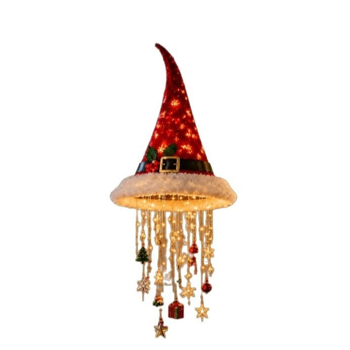 Red hat pendant light with a black belt and gold buckle, plush white brim and hanging charms on a white background
