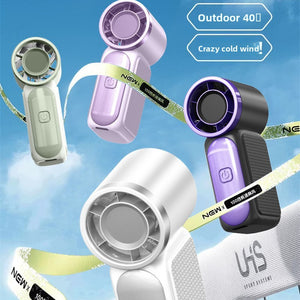 Mini handheld turbo fans shown in several colourways