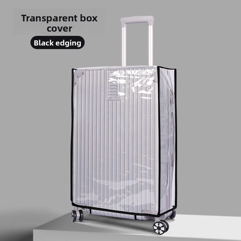 Transparent PVC luggage cover fitted over a wheeled spinner travel suitcase