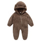 Brown plush fleece infant romper with bear ear hood and front zip, option image for size 6