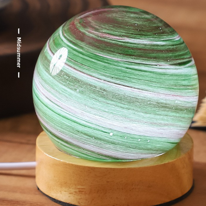 Midsummer glass planet night light, green and white swirl, handle gift box, USB powered, tri-color