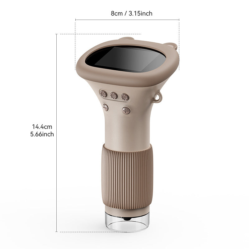Brown handheld digital microscope with bear style ears and size drawing, 14.4 cm tall and 8 cm wide