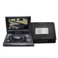 Open black portable DVD player and its closed case seen from the front on white