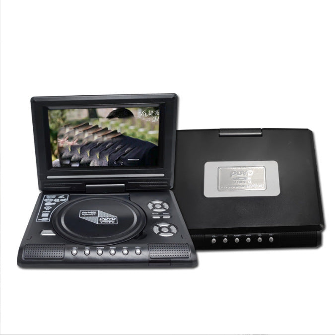 Open black portable DVD player and its closed case seen from the front on white