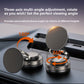 Folding magnetic phone mount shown with a 180 and 360 degree rotating double hinge on a car dash