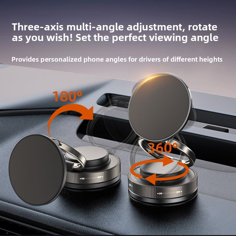 Folding magnetic phone mount shown with a 180 and 360 degree rotating double hinge on a car dash