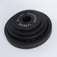 Cast iron barbell plate side profile showing the slim dense disc and grip rim