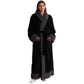 Woman wearing a long black flannel bathrobe with gray shawl collar, cuffs and hem, black variant