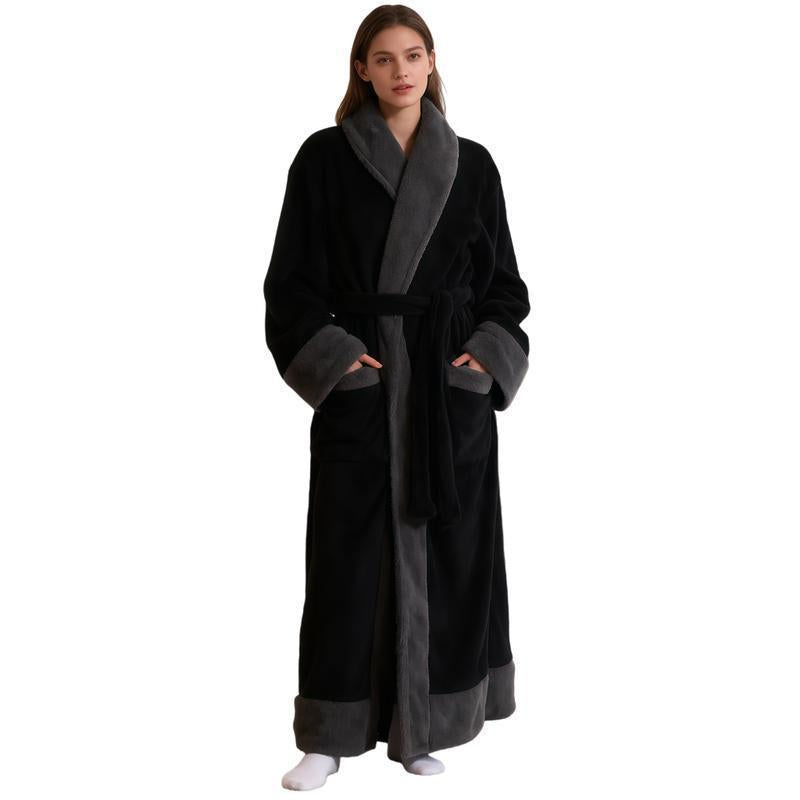Woman wearing a long black flannel bathrobe with gray shawl collar, cuffs and hem, black variant
