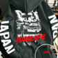 Loose fleece pullover hoodie with JAPAN and JDM lettering running down the sleeves and a hood